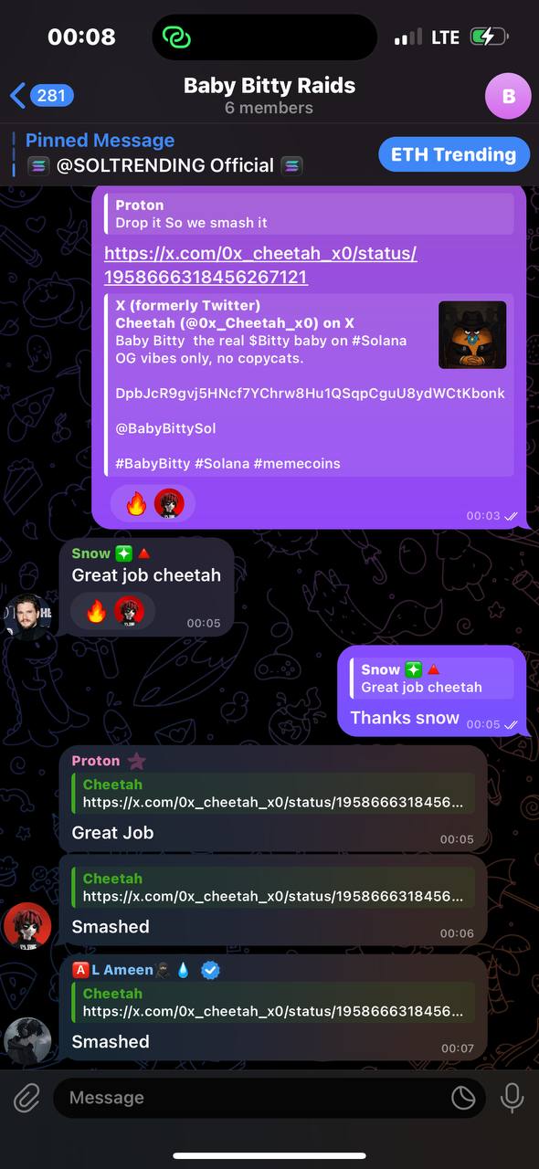 Baby Bitty raid chat screenshot with positive feedback