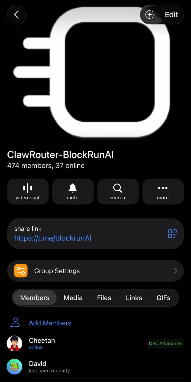 BlockRunAI Telegram group showing Cheetah as Dev Advocate